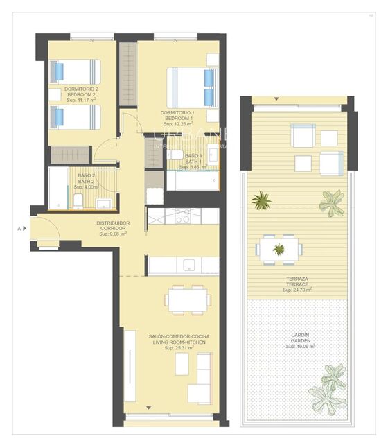 Vivre dans le luxe moderne à Seagardens, avec 2 chambres, 2 salles de bains, terrasses et jardin.