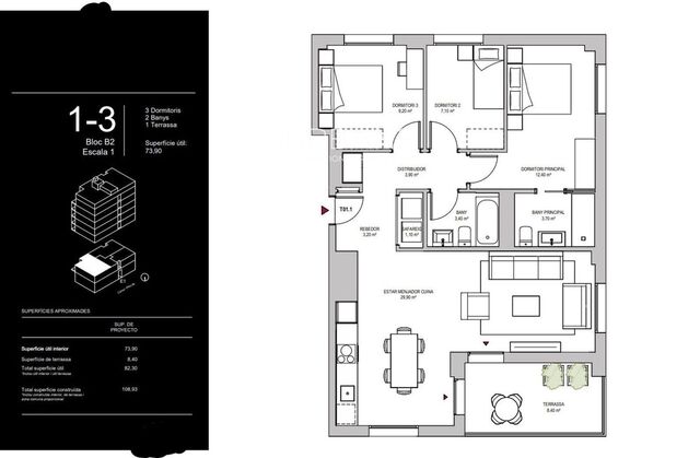 Helle Wohnung mit drei Schlafzimmern und Terrasse in der Gegend von Montjuïc