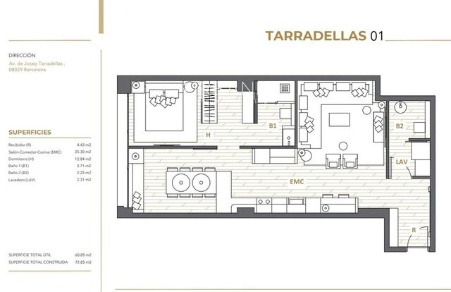 Moderno Hogar junto a Av. Josep Tarradellas — 1 Dormitorio, 73 m²
