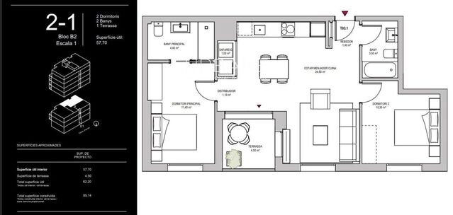 Apartamento de 86 m² con 2 dormitorios, 2 baños, terraza, piscina y zonas comunes en el verde Montjuïc