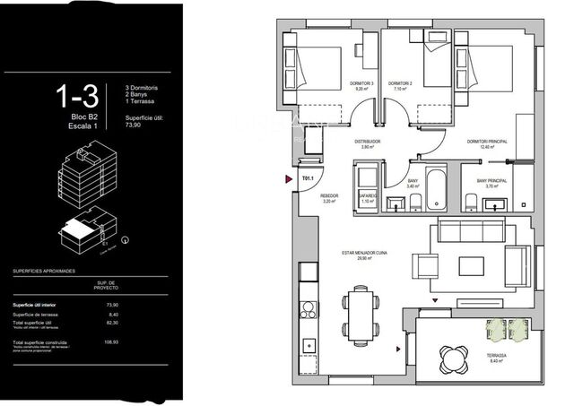 Amplio apartamento de 3 dormitorios y 2 baños en Montjuïc con terraza y piscina en la azotea
